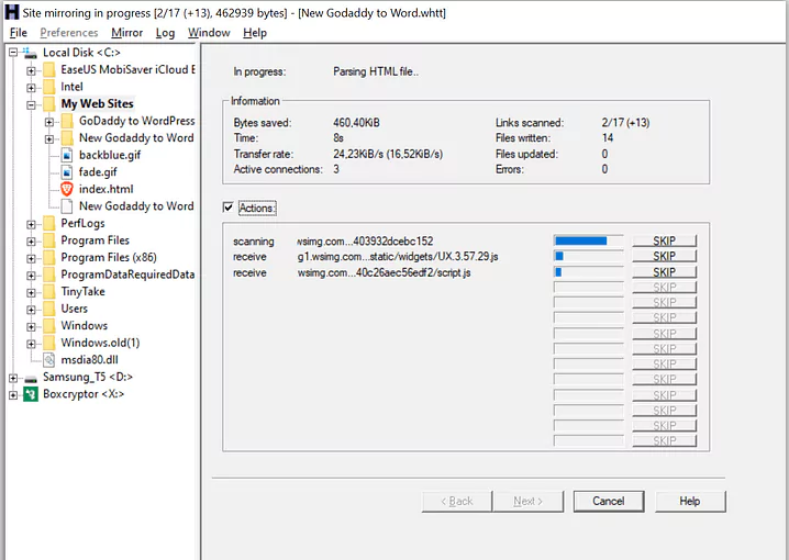 httrack will download the websites files