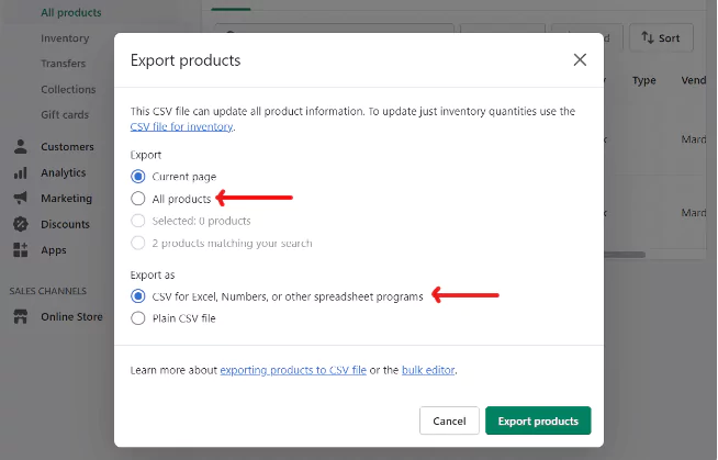 product information in a csv file